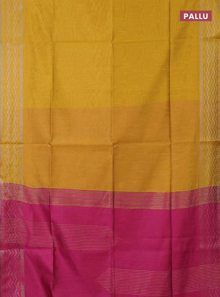 Semi dupion saree yellow and pink with plain body and silver & gold zari woven border