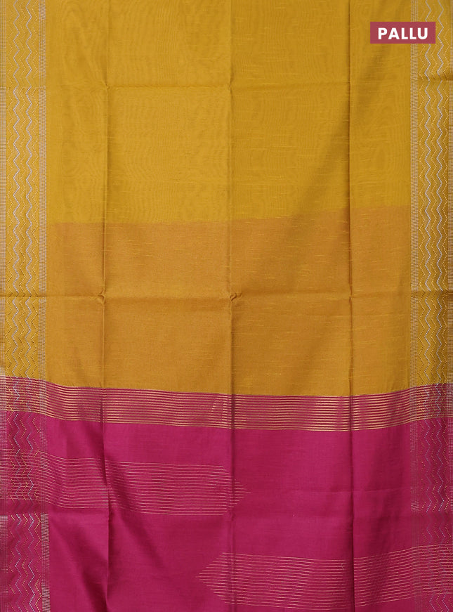 Semi dupion saree yellow and pink with plain body and silver & gold zari woven border