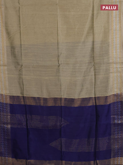 Semi dupion saree beige and navy blue with plain body and silver & gold zari woven border