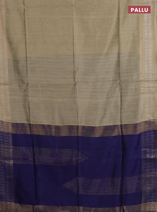 Semi dupion saree beige and navy blue with plain body and silver & gold zari woven border