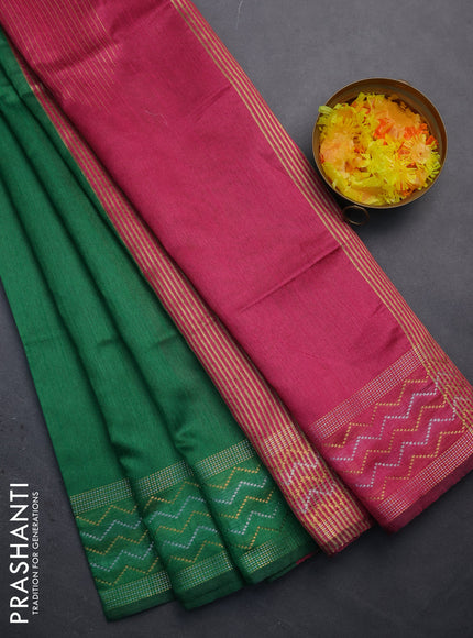 Semi dupion saree green and pink with plain body and silver & gold zari woven border