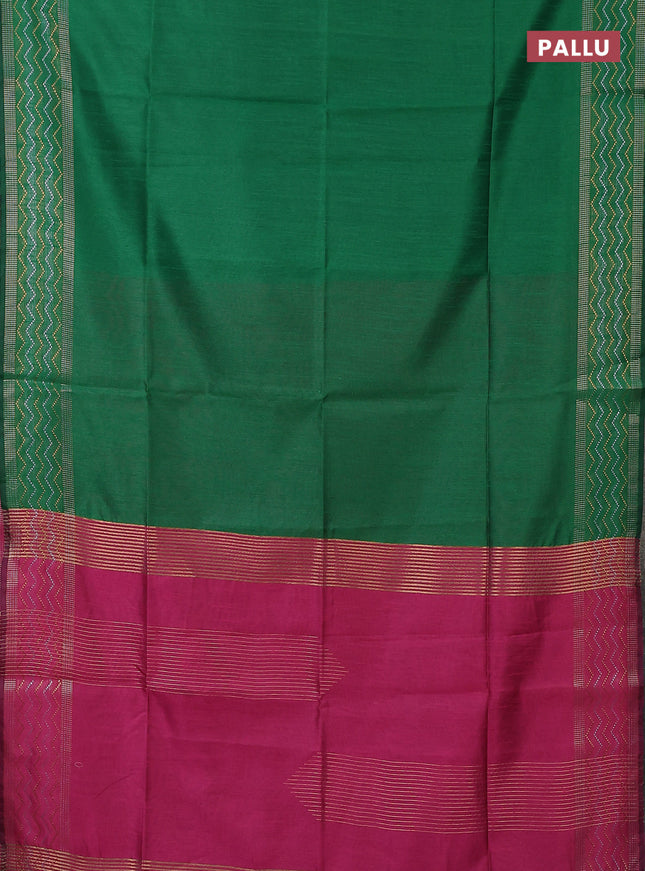 Semi dupion saree green and pink with plain body and silver & gold zari woven border