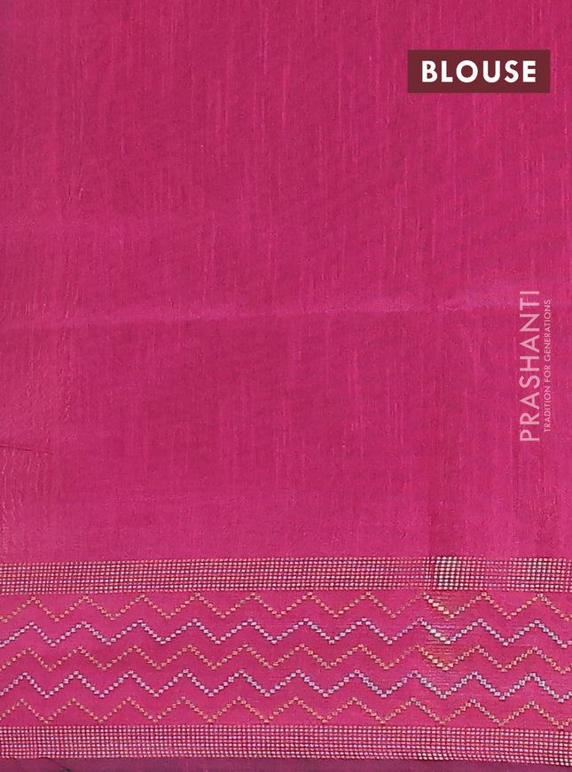 Semi dupion saree green and pink with plain body and silver & gold zari woven border