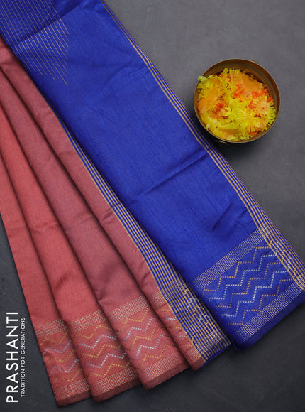 Semi dupion saree peach shade and blue with plain body and silver & gold zari woven border