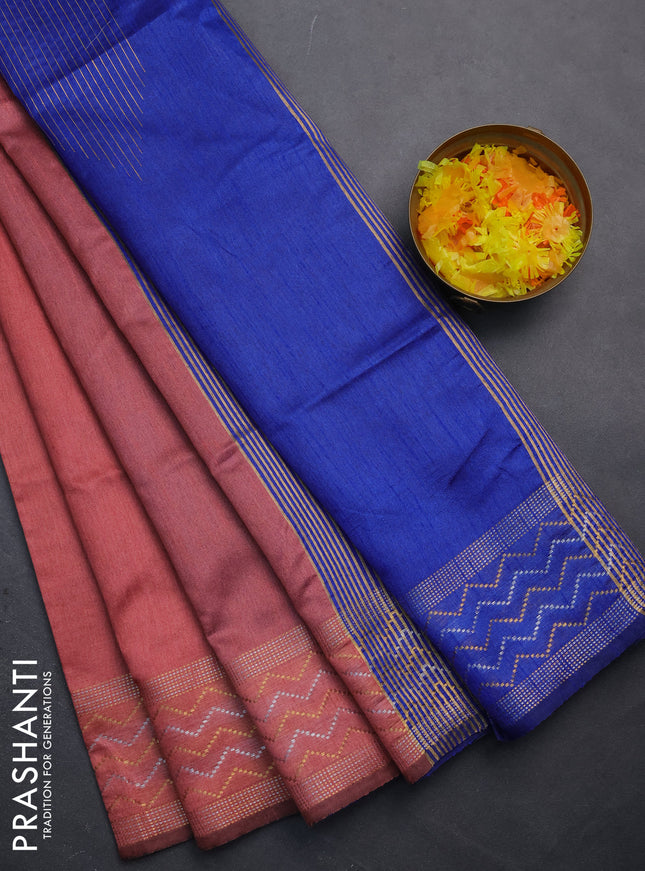 Semi dupion saree peach shade and blue with plain body and silver & gold zari woven border
