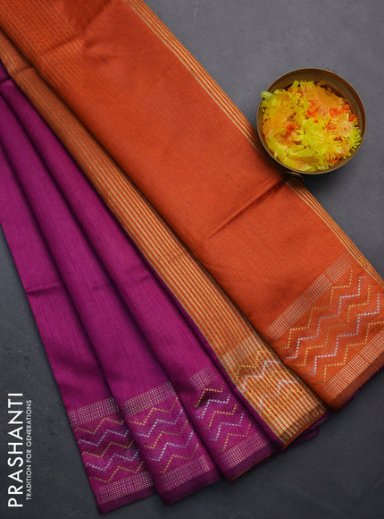 Semi dupion saree purple and orange with plain body and silver & gold zari woven border