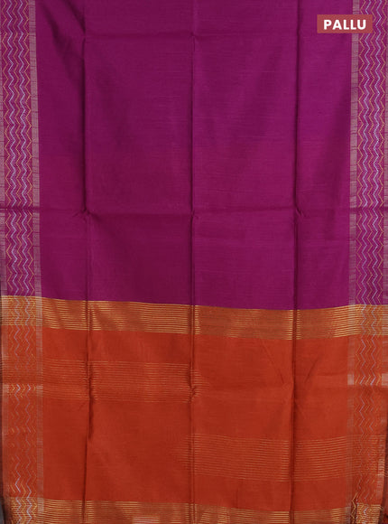 Semi dupion saree purple and orange with plain body and silver & gold zari woven border