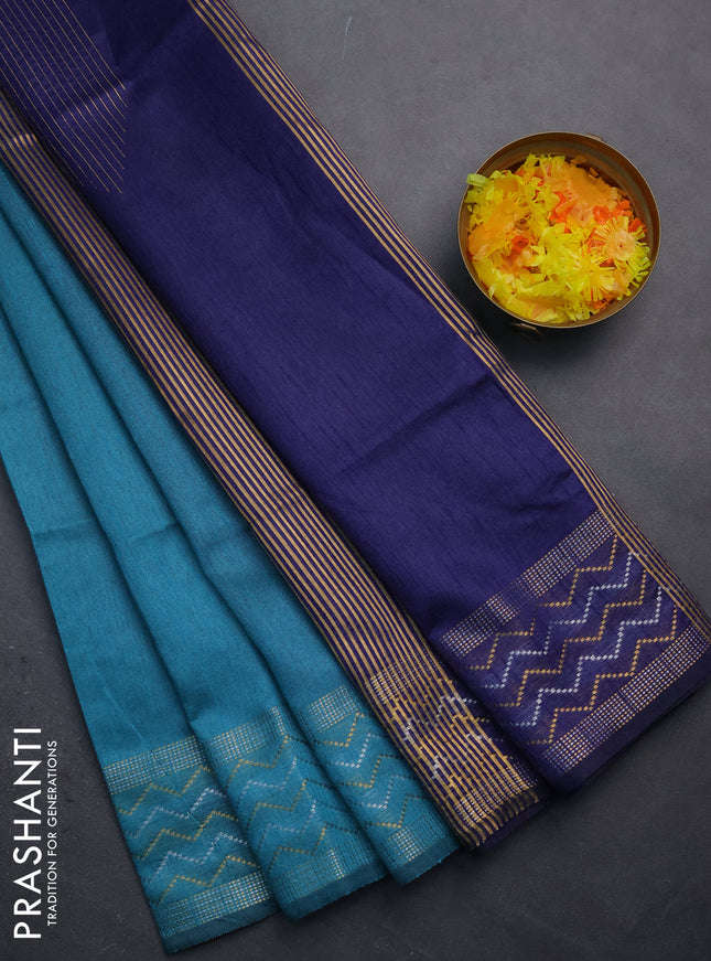 Semi dupion saree teal blue and blue with plain body and silver & gold zari woven border