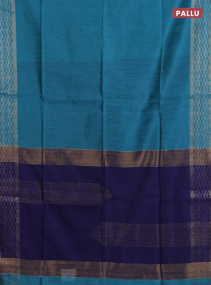 Semi dupion saree teal blue and blue with plain body and silver & gold zari woven border