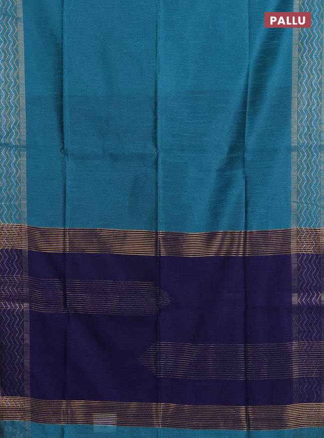 Semi dupion saree teal blue and blue with plain body and silver & gold zari woven border