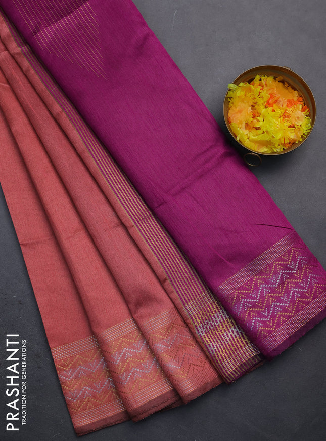 Semi dupion saree peach shade and purple with plain body and silver & gold zari woven border