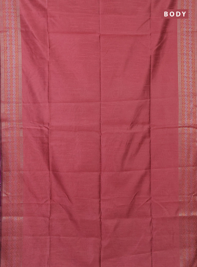 Semi dupion saree peach shade and purple with plain body and silver & gold zari woven border