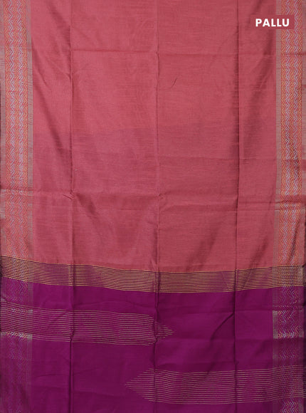 Semi dupion saree peach shade and purple with plain body and silver & gold zari woven border