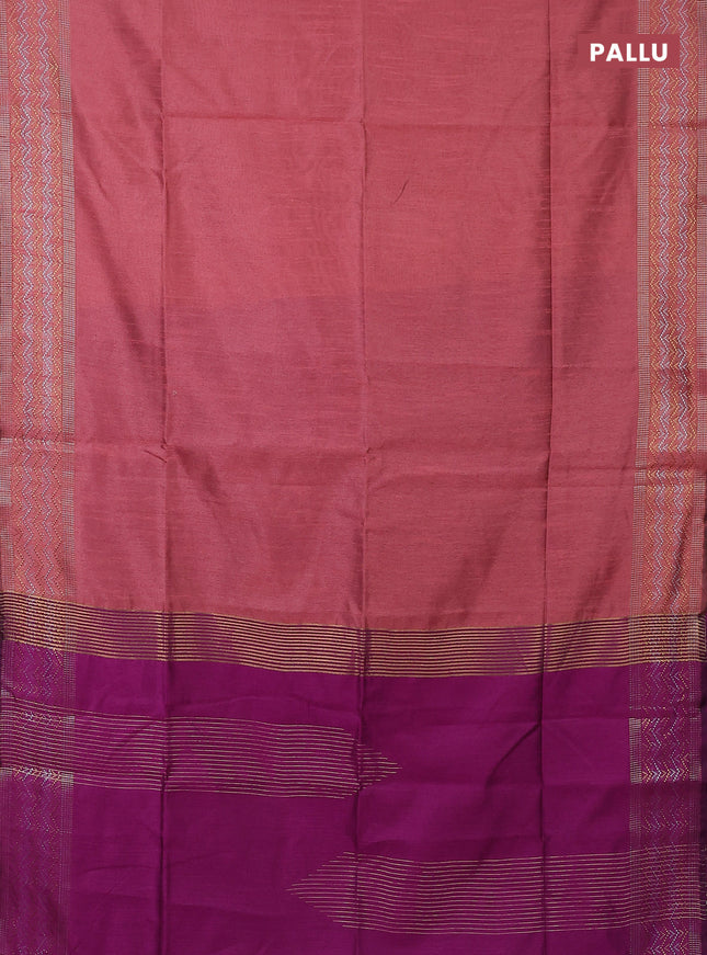 Semi dupion saree peach shade and purple with plain body and silver & gold zari woven border