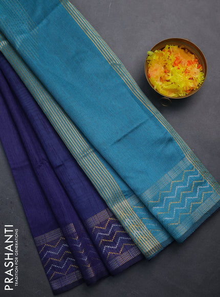 Semi dupion saree navy blue and teal blue with plain body and silver & gold zari woven border