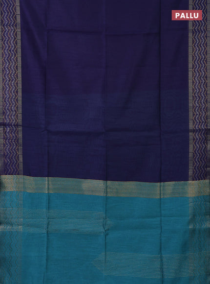 Semi dupion saree navy blue and teal blue with plain body and silver & gold zari woven border