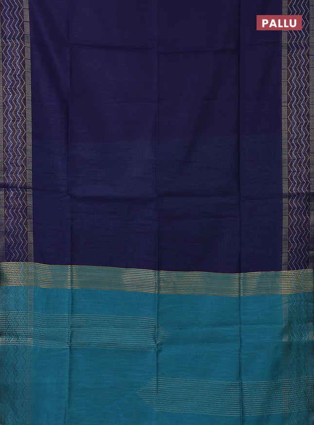 Semi dupion saree navy blue and teal blue with plain body and silver & gold zari woven border