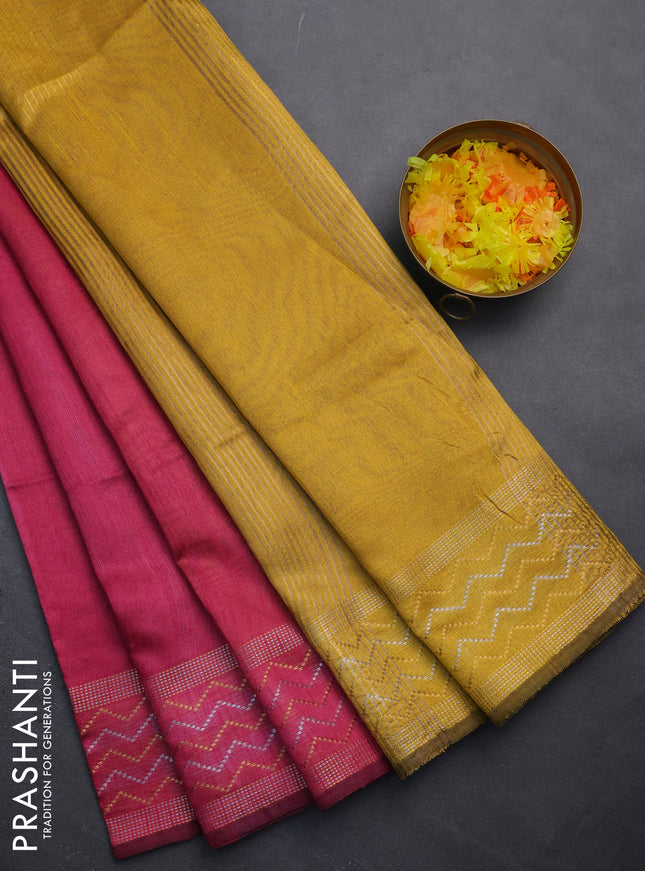 Semi dupion saree pink and mustard yellow with plain body and silver & gold zari woven border