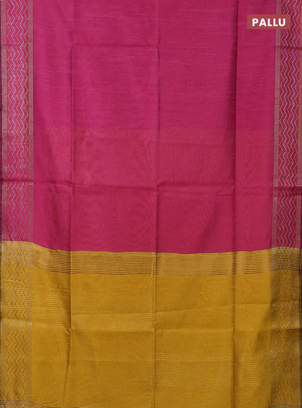 Semi dupion saree pink and mustard yellow with plain body and silver & gold zari woven border