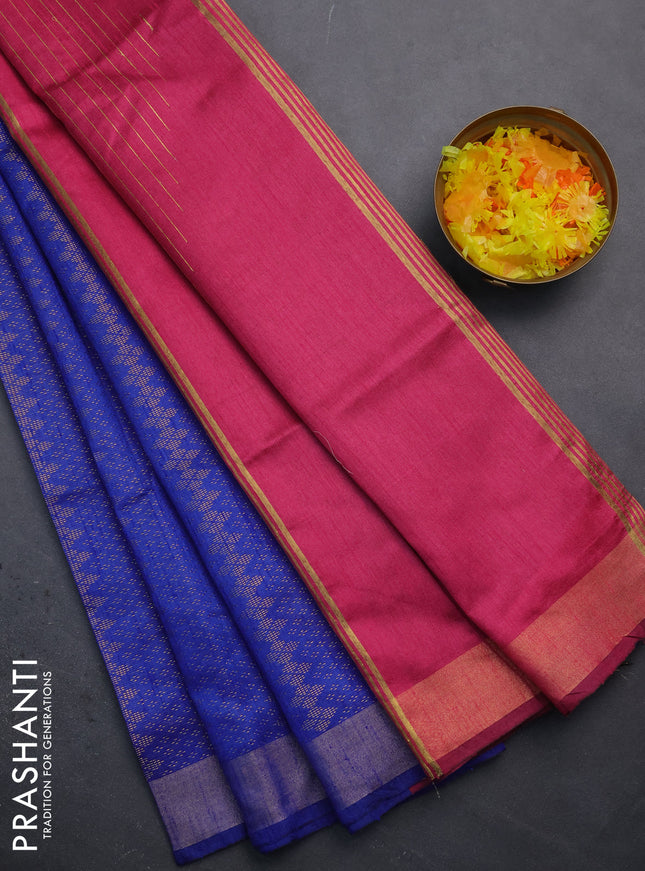 Semi dupion saree blue and pink with allover zari weaves and zari woven border
