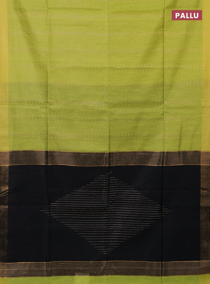 Semi dupion saree fluorsecntgreen and black with allover zari weaves and zari woven border