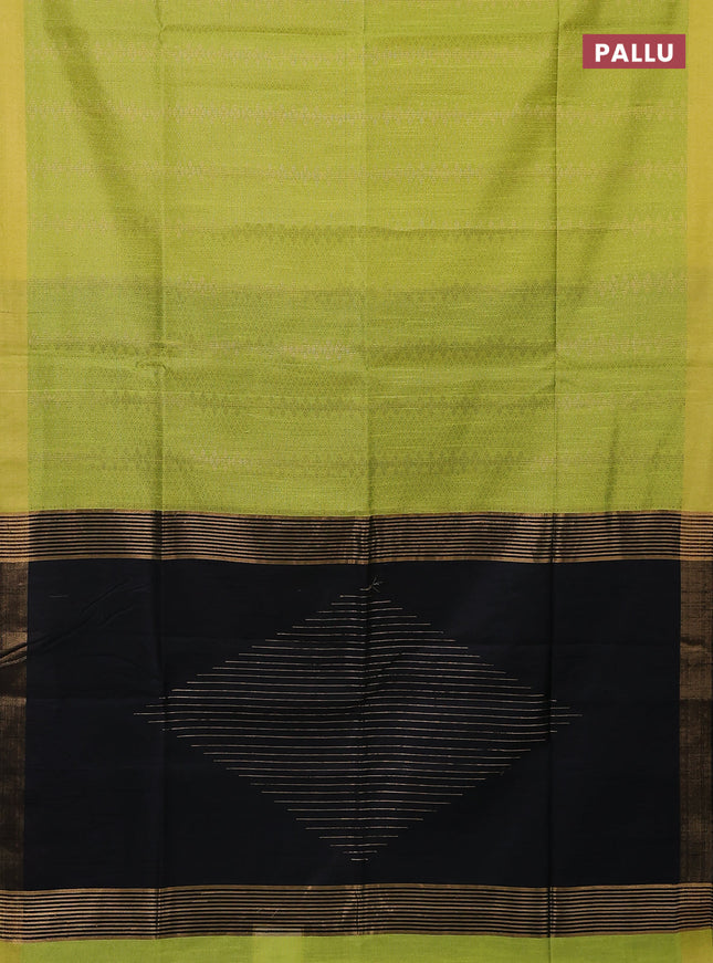 Semi dupion saree fluorsecntgreen and black with allover zari weaves and zari woven border