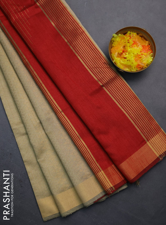 Semi dupion saree beige and maroon with allover zari weaves and zari woven border