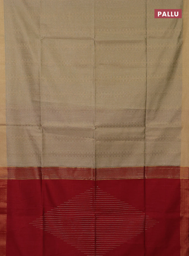 Semi dupion saree beige and maroon with allover zari weaves and zari woven border