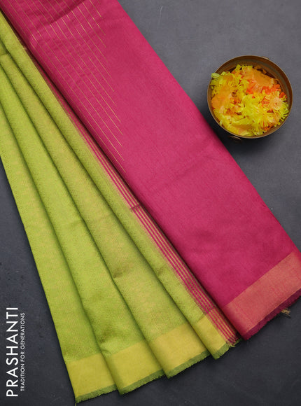 Semi dupion saree fluorsecntgreen and pink with allover zari weaves and zari woven border