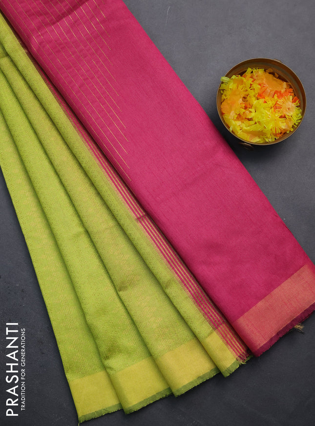 Semi dupion saree fluorsecntgreen and pink with allover zari weaves and zari woven border