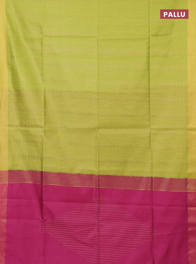 Semi dupion saree fluorsecntgreen and pink with allover zari weaves and zari woven border