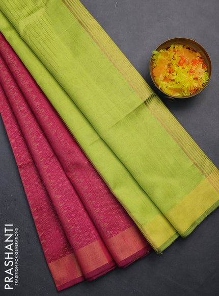 Semi dupion saree pink and fluorscent green with allover zari weaves and zari woven border