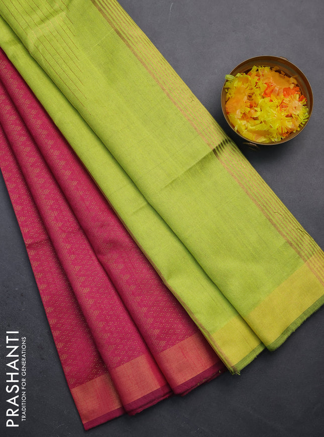 Semi dupion saree pink and fluorscent green with allover zari weaves and zari woven border