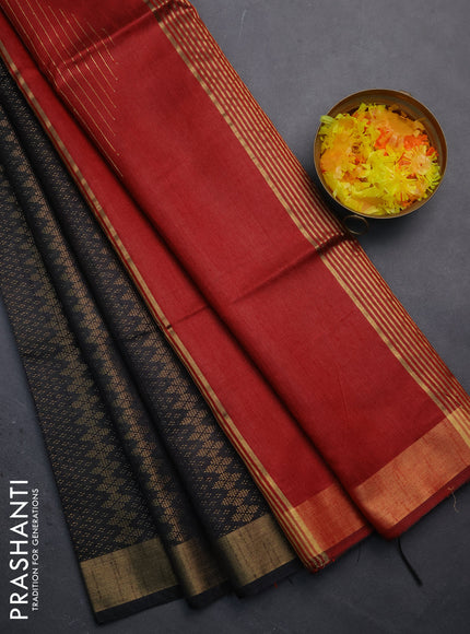 Semi dupion saree black and maroon with allover zari weaves and zari woven border