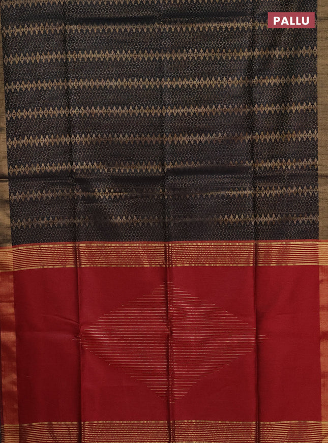 Semi dupion saree black and maroon with allover zari weaves and zari woven border