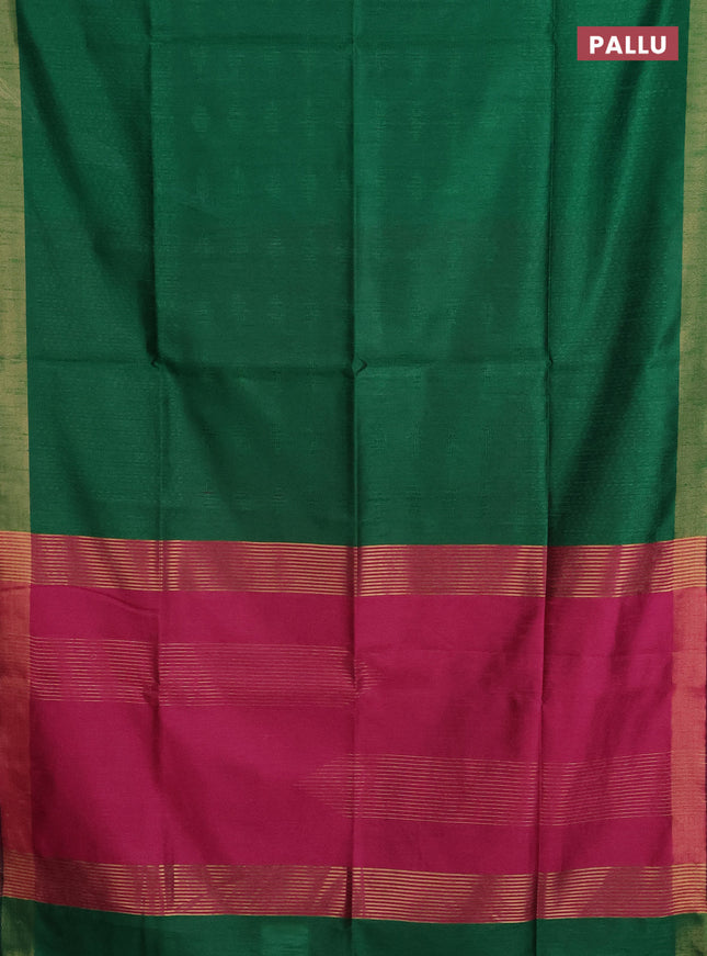 Semi dupion saree green and pink with allover self emboss and zari woven border