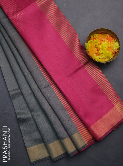 Semi dupion saree grey and pink with allover self emboss and zari woven border