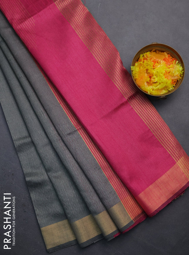 Semi dupion saree grey and pink with allover self emboss and zari woven border