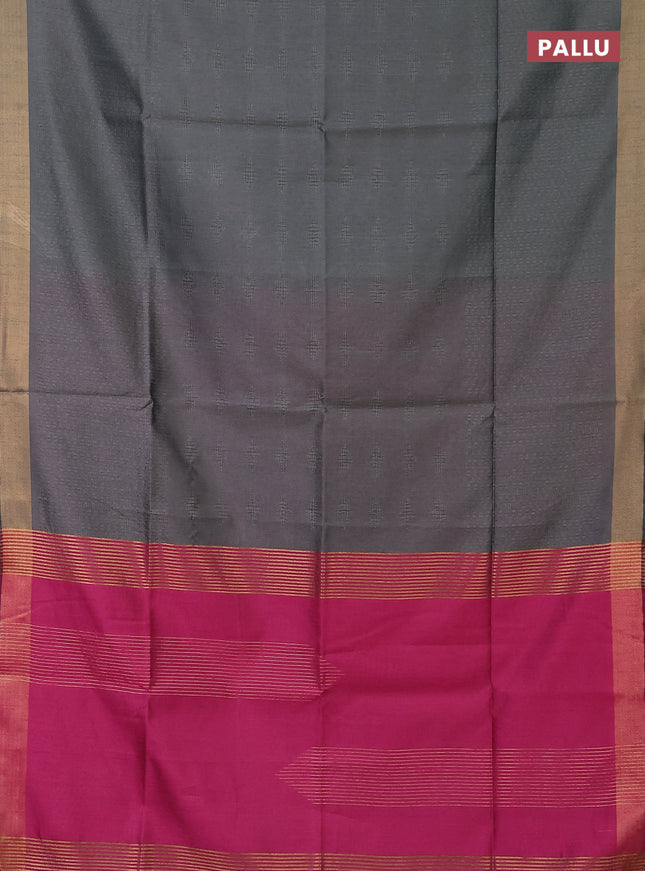 Semi dupion saree grey and pink with allover self emboss and zari woven border