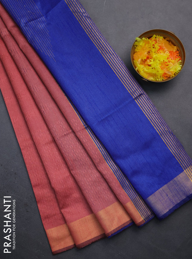 Semi dupion saree peach shade and blue with allover self emboss and zari woven border