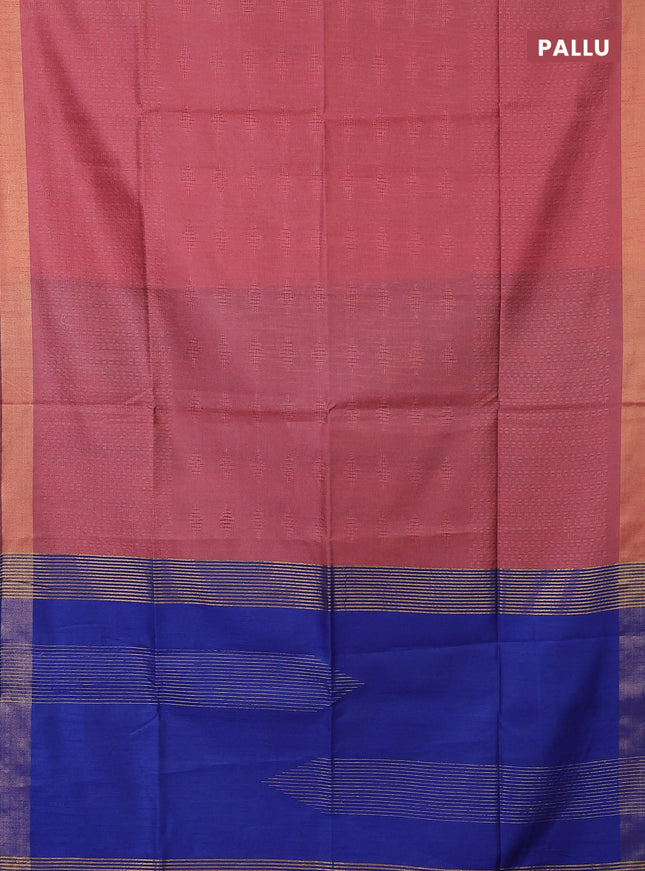 Semi dupion saree peach shade and blue with allover self emboss and zari woven border