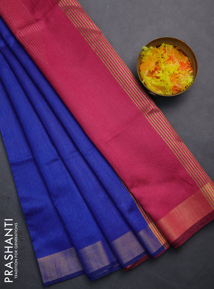 Semi dupion saree royal blue and pink with allover self emboss and zari woven border