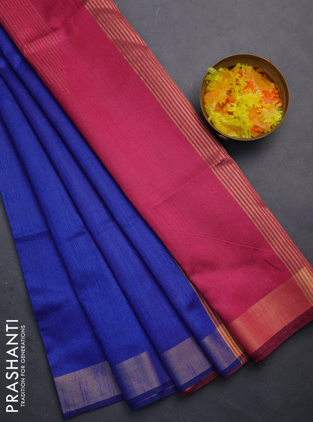 Semi dupion saree royal blue and pink with allover self emboss and zari woven border