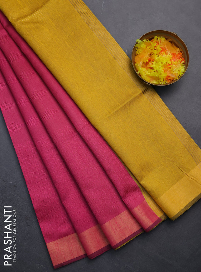 Semi dupion saree pink and yellow with allover self emboss and zari woven border