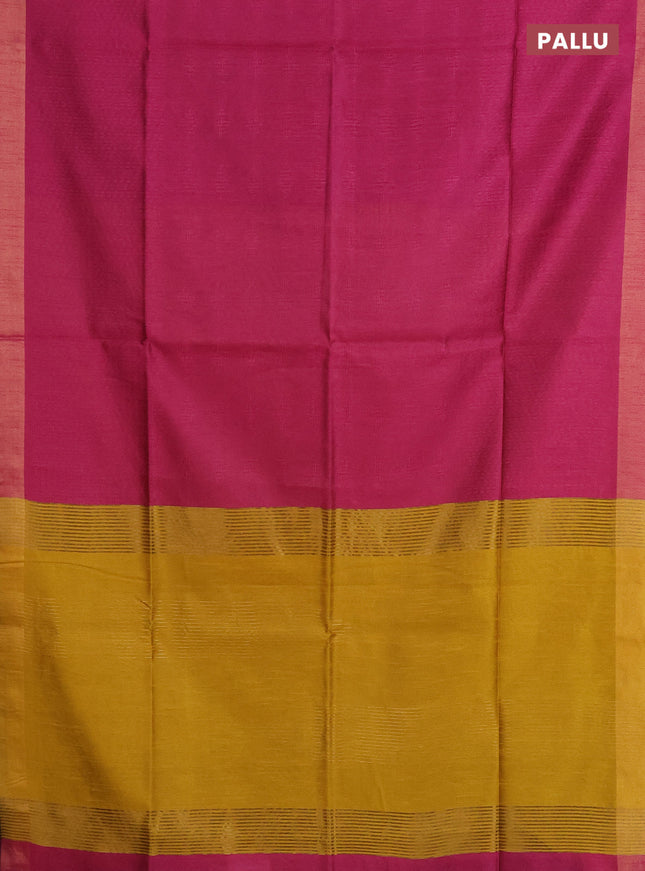 Semi dupion saree pink and yellow with allover self emboss and zari woven border