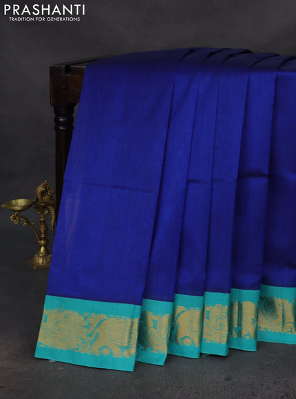 Silk cotton saree blue and teal blue with plain body and zari woven korvai border
