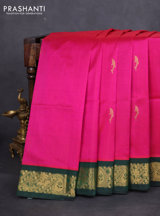 Silk cotton saree pink and green with zari woven buttas and zari woven korvai border