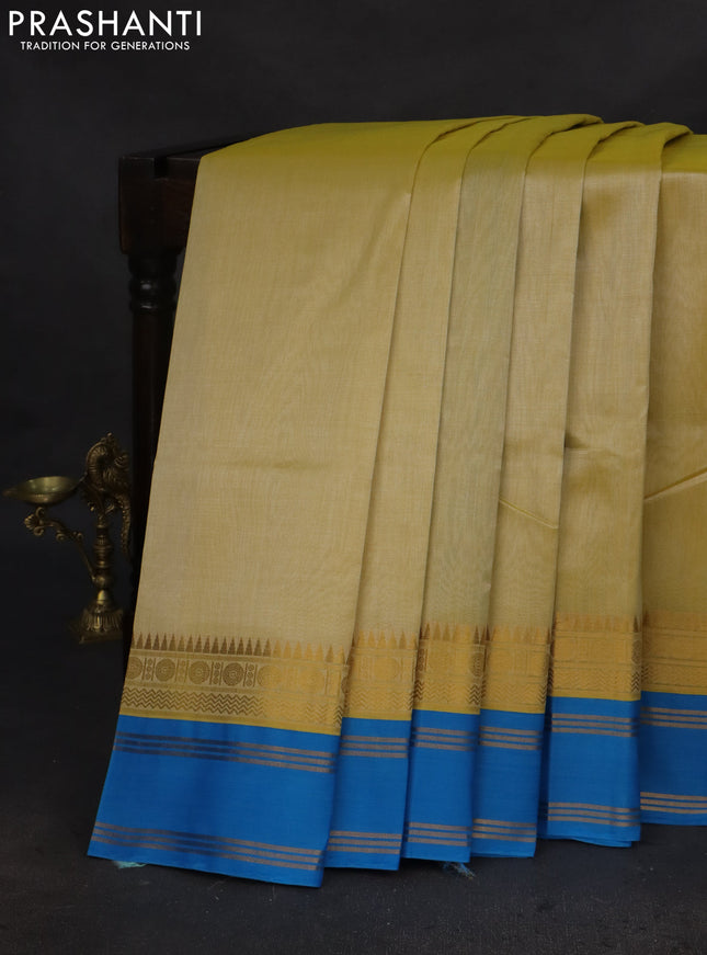 Silk cotton saree lime yellow and cs blue with plain body and zari woven simple border