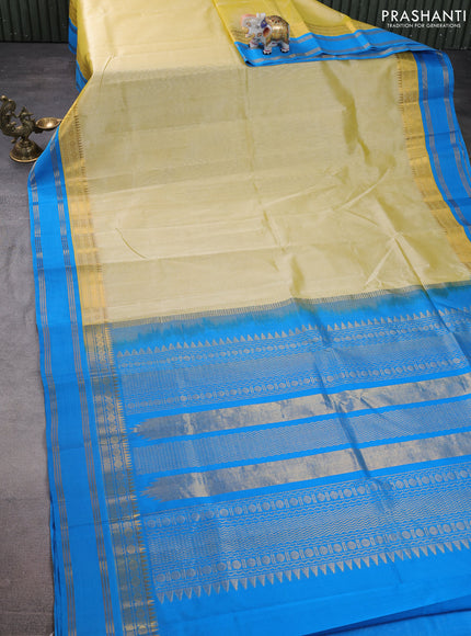 Silk cotton saree lime yellow and cs blue with plain body and zari woven simple border
