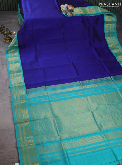 Silk cotton saree blue and teal blue with plain body and zari woven korvai border